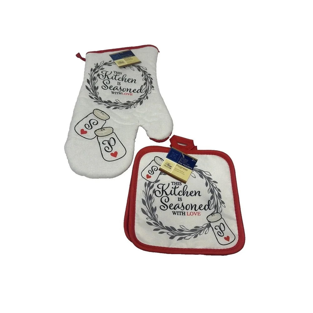 home collection 1‎ oven mitt 2 pot holds KITCHEN SEASONED WITH LOVE